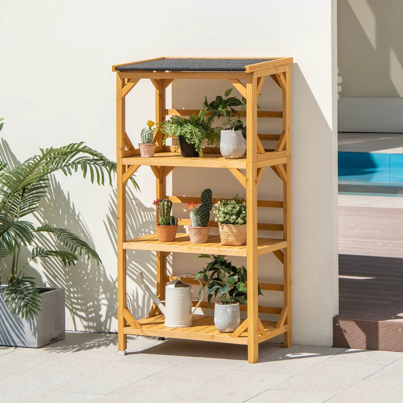3-Tier Wooden Plant Stand with Weatherproof Asphalt Roof for Patio-Natural by DirectDeals