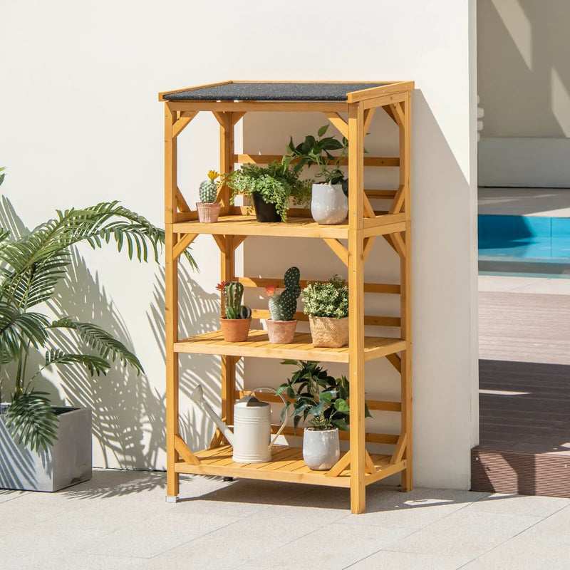 3-Tier Wooden Plant Stand with Weatherproof Asphalt Roof for Patio-Natural by DirectDeals