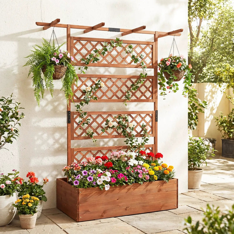 Wooden Planter Box with Lattice Trellis Raised Garden Bed Privacy Screen with Flat Roof by DirectDeals