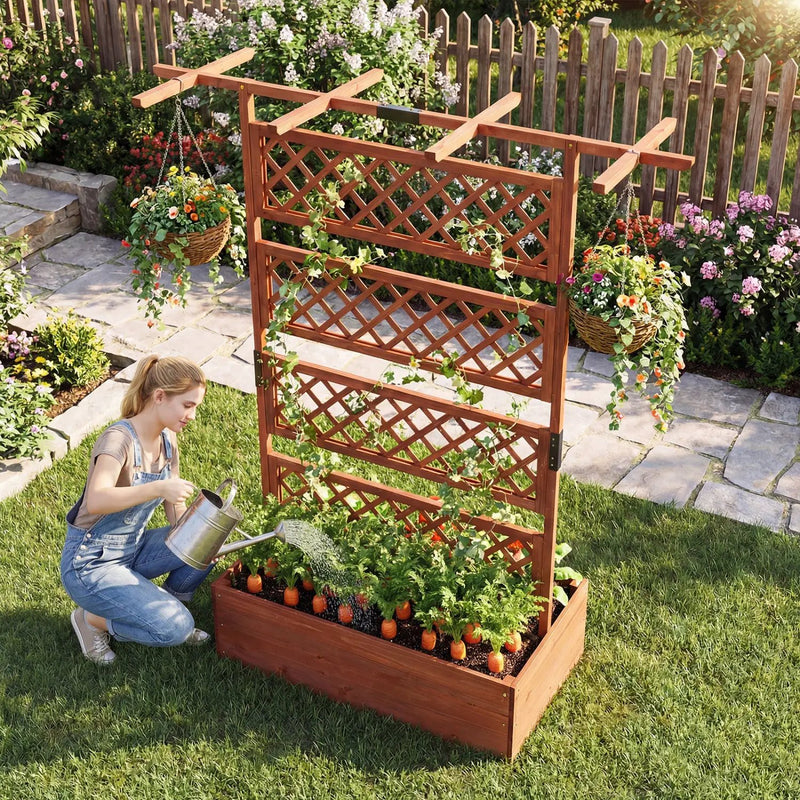 Wooden Planter Box with Lattice Trellis Raised Garden Bed Privacy Screen with Flat Roof by DirectDeals