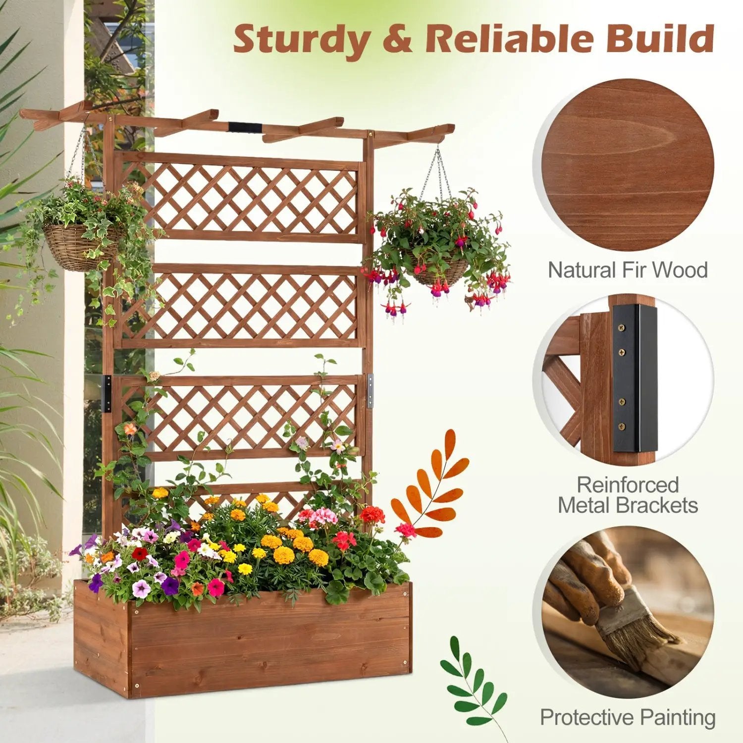 Wooden Planter Box with Lattice Trellis Raised Garden Bed Privacy Screen with Flat Roof by DirectDeals