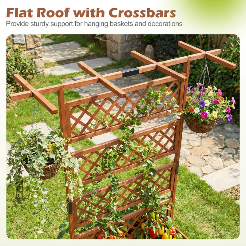 Wooden Planter Box with Lattice Trellis Raised Garden Bed Privacy Screen with Flat Roof by DirectDeals