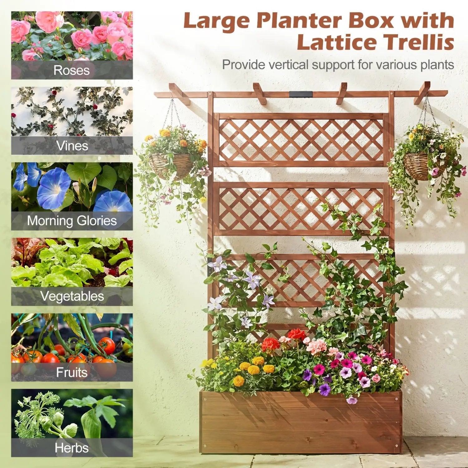 Wooden Planter Box with Lattice Trellis Raised Garden Bed Privacy Screen with Flat Roof by DirectDeals