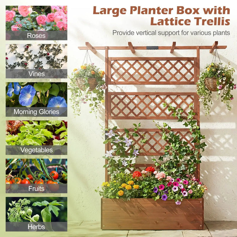 Wooden Planter Box with Lattice Trellis Raised Garden Bed Privacy Screen with Flat Roof by DirectDeals