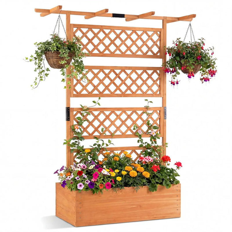 Wooden Planter Box with Lattice Trellis Raised Garden Bed Privacy Screen with Flat Roof by DirectDeals