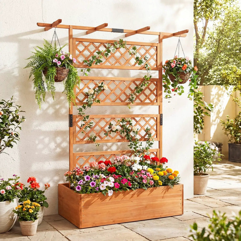Wooden Planter Box with Lattice Trellis Raised Garden Bed Privacy Screen with Flat Roof by DirectDeals