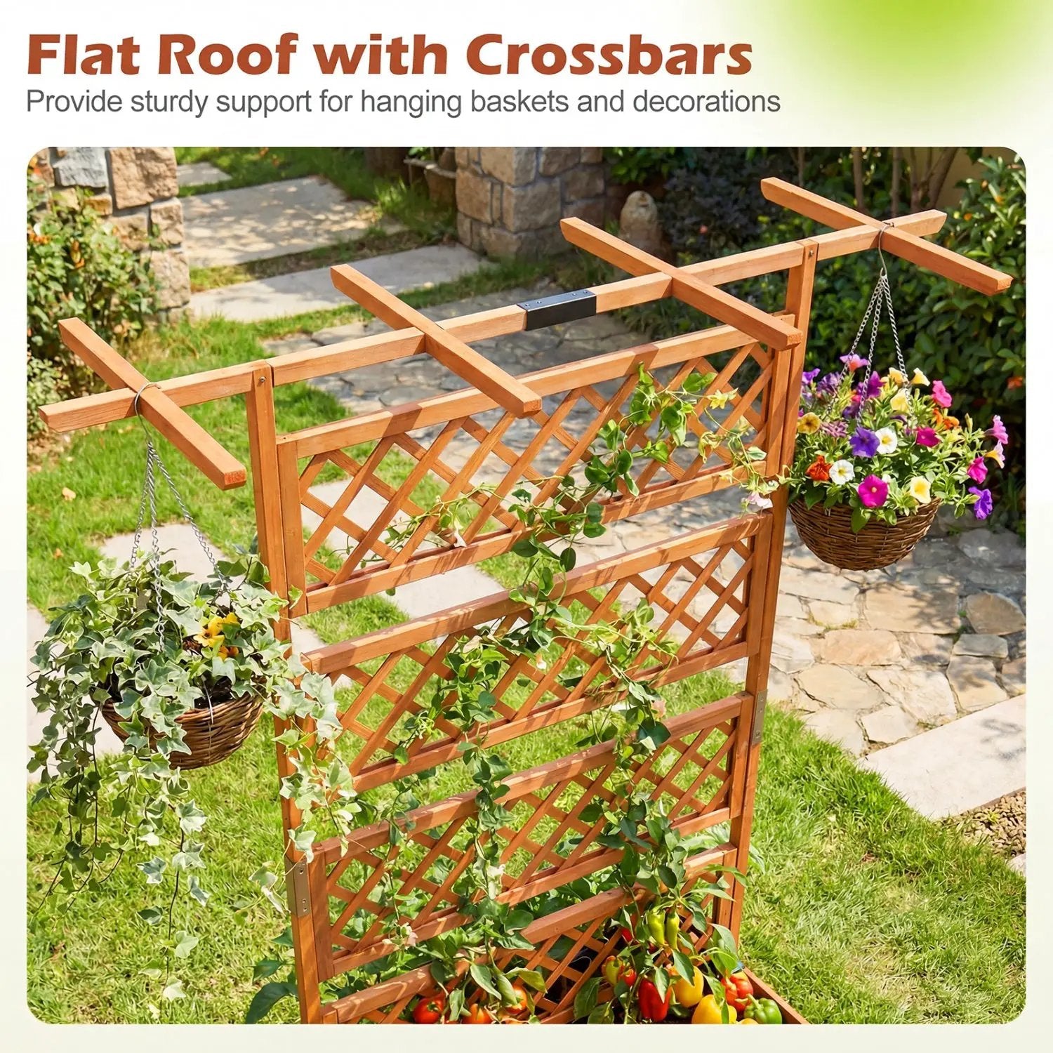 Wooden Planter Box with Lattice Trellis Raised Garden Bed Privacy Screen with Flat Roof by DirectDeals