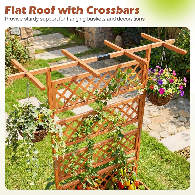 Wooden Planter Box with Lattice Trellis Raised Garden Bed Privacy Screen with Flat Roof by DirectDeals
