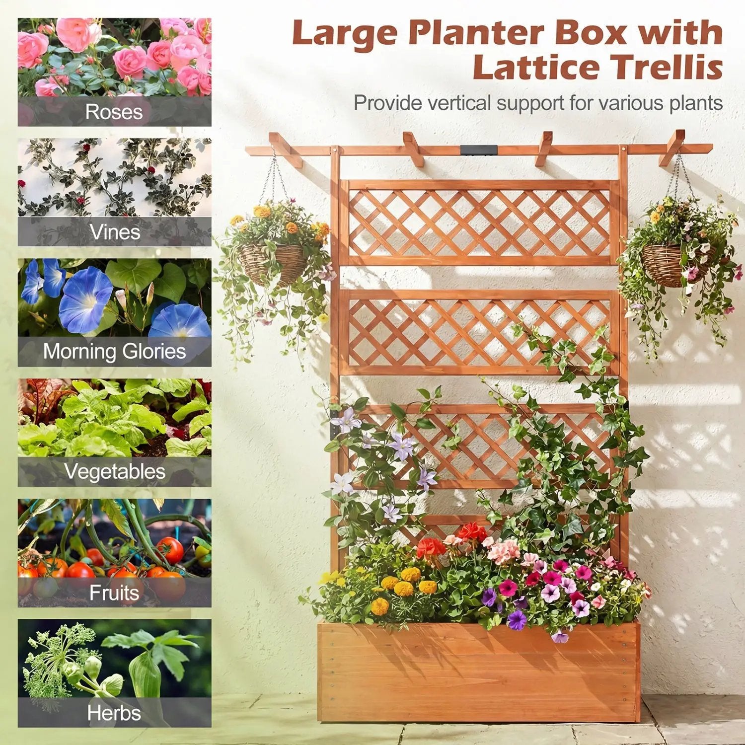 Wooden Planter Box with Lattice Trellis Raised Garden Bed Privacy Screen with Flat Roof by DirectDeals