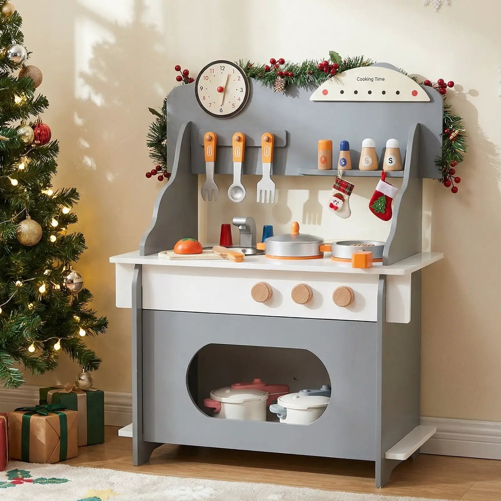 Wooden Play Kitchen for Kids Pretend Play Toy Kitchen Set with Clock Gift for Boys and Girls 3 +Pink by DirectDeals