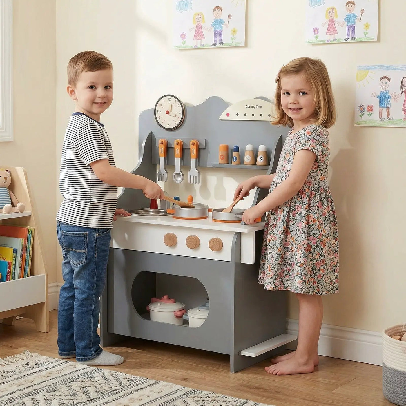 Wooden Play Kitchen for Kids Pretend Play Toy Kitchen Set with Clock Gift for Boys and Girls 3 +Pink by DirectDeals