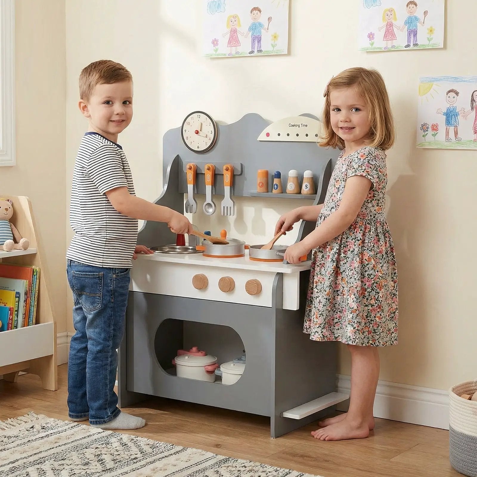 Wooden Play Kitchen for Kids Pretend Play Toy Kitchen Set with Clock Gift for Boys and Girls 3 +Pink by DirectDeals