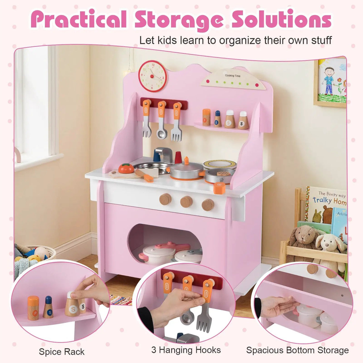 Wooden Play Kitchen for Kids Pretend Play Toy Kitchen Set with Clock Gift for Boys and Girls 3 +Pink by DirectDeals