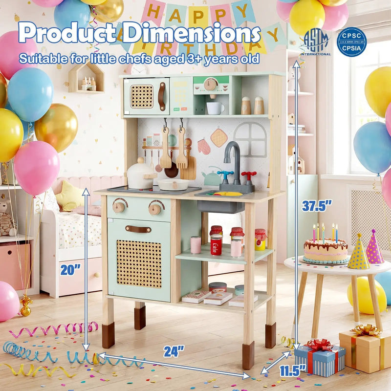 Wooden Play Kitchen for Kids with Lights and Sounds Retro Style With Accessories-Green by DirectDeals