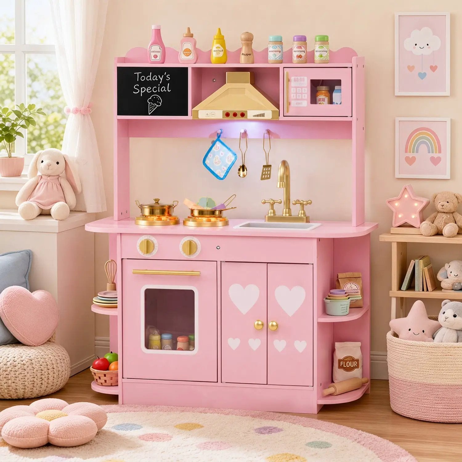 Wooden Play Kitchen with Lights & Sounds for Toddlers 3+ by DirectDeals