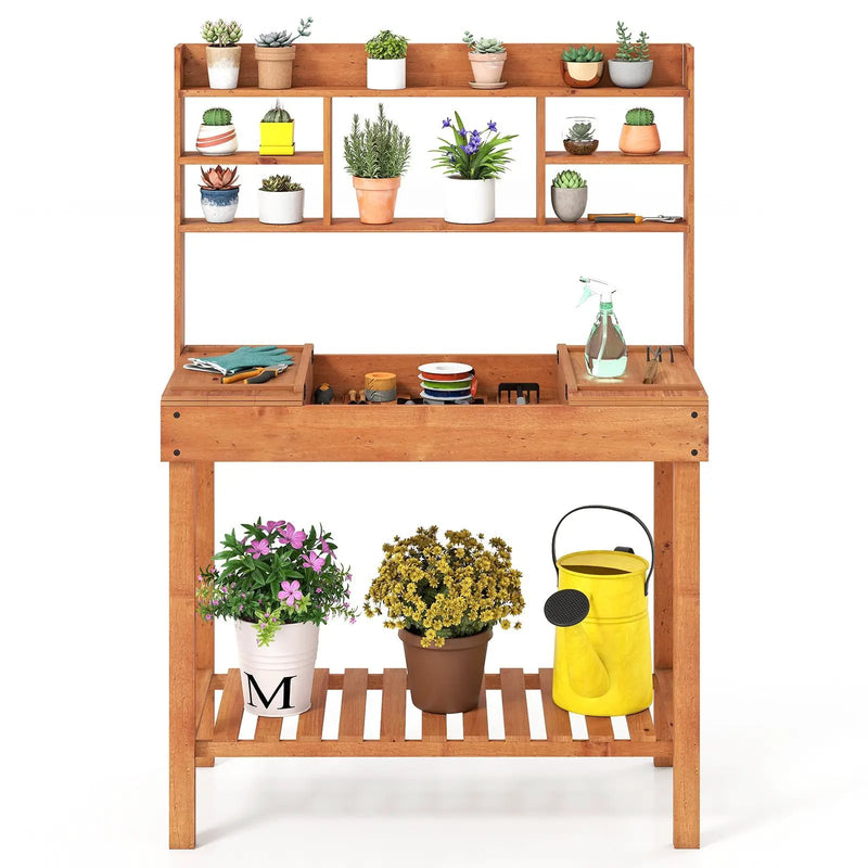 Wooden Potting Bench Table 61" Garden Planting Workstation with 3-Tier Open Shelf-Brown by DirectDeals