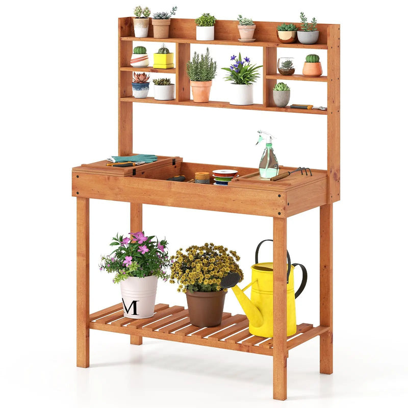 Wooden Potting Bench Table 61" Garden Planting Workstation with 3-Tier Open Shelf-Brown by DirectDeals