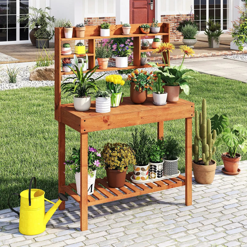 Wooden Potting Bench Table 61" Garden Planting Workstation with 3-Tier Open Shelf-Brown by DirectDeals