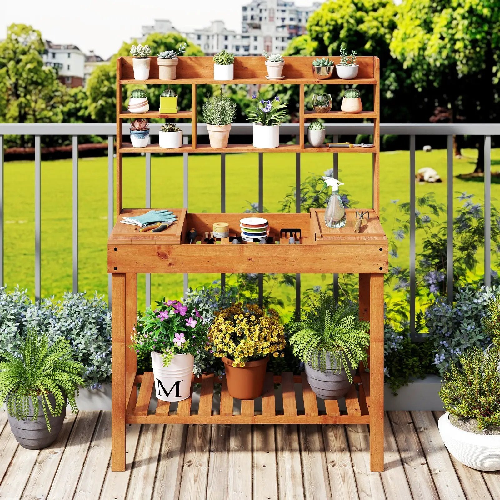 Wooden Potting Bench Table 61" Garden Planting Workstation with 3-Tier Open Shelf-Brown by DirectDeals