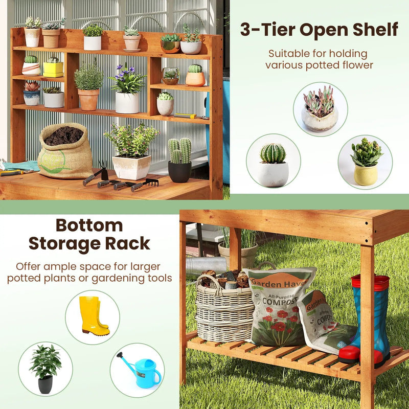 Wooden Potting Bench Table 61" Garden Planting Workstation with 3-Tier Open Shelf-Brown by DirectDeals