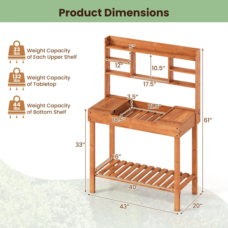 Wooden Potting Bench Table 61" Garden Planting Workstation with 3-Tier Open Shelf-Brown by DirectDeals