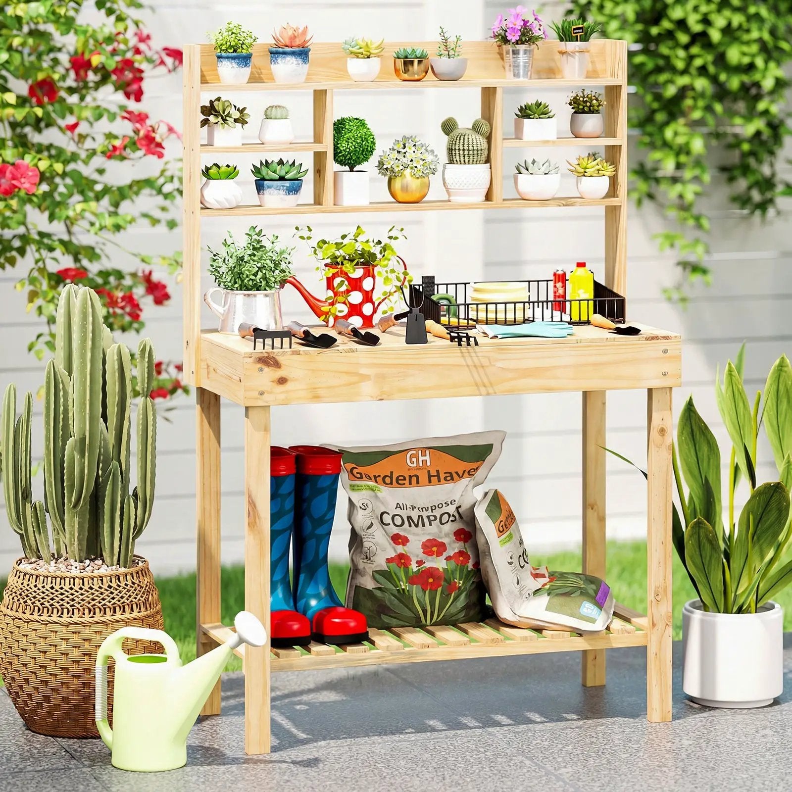 Wooden Potting Bench Table Garden Planting Workstation with 3-Tier Open Shelf by DirectDeals