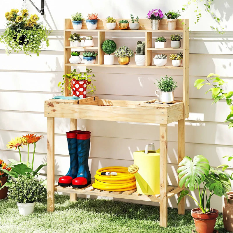 Wooden Potting Bench Table Garden Planting Workstation with 3-Tier Open Shelf by DirectDeals