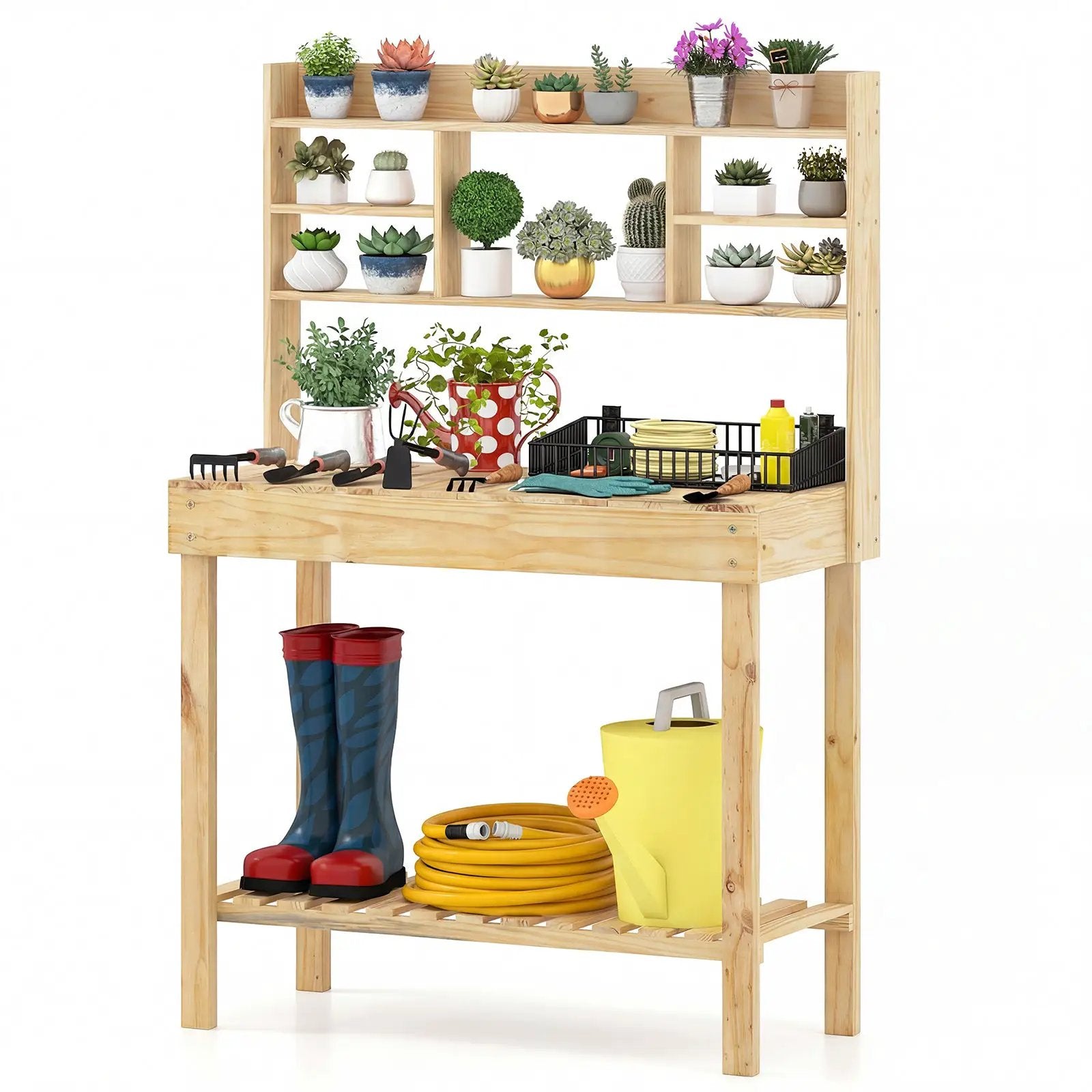 Wooden Potting Bench Table Garden Planting Workstation with 3-Tier Open Shelf by DirectDeals