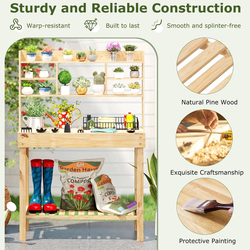 Wooden Potting Bench Table Garden Planting Workstation with 3-Tier Open Shelf by DirectDeals