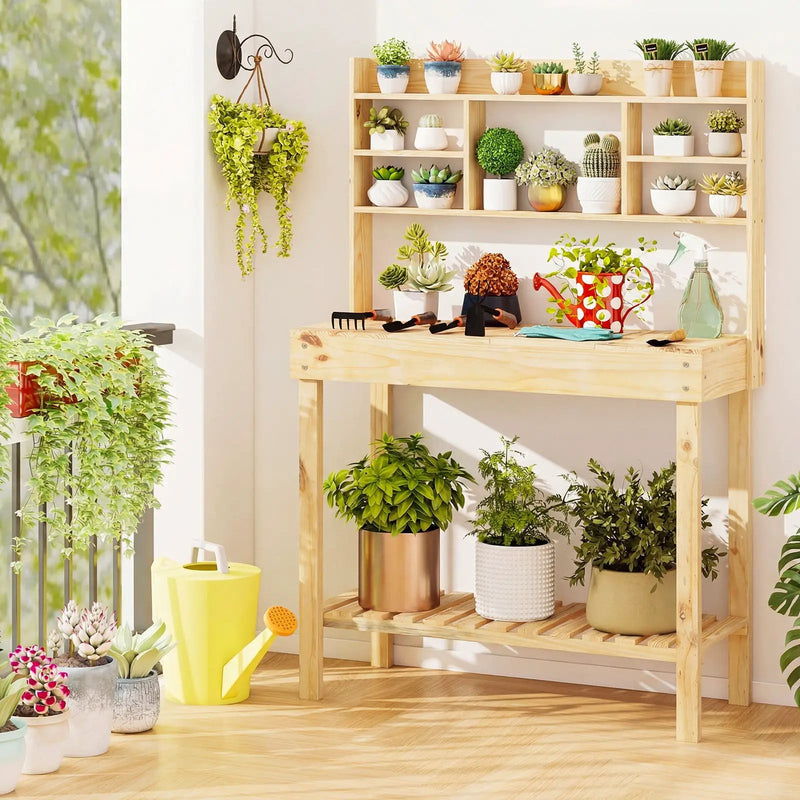 Wooden Potting Bench Table Garden Planting Workstation with 3-Tier Open Shelf by DirectDeals