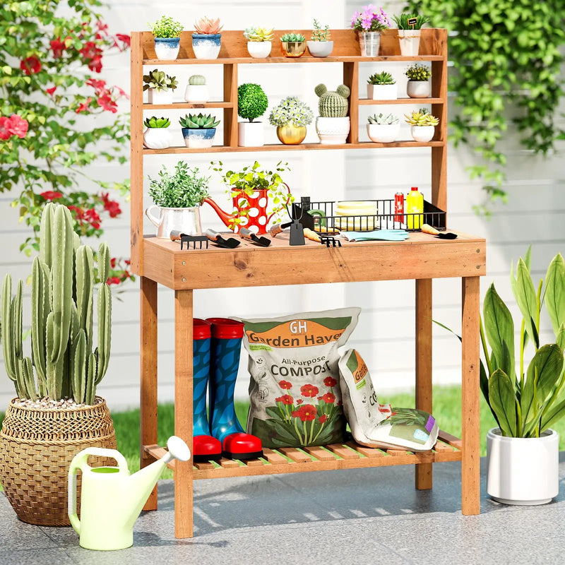 Wooden Potting Bench Table Garden Planting Workstation with 3-Tier Open Shelf by DirectDeals