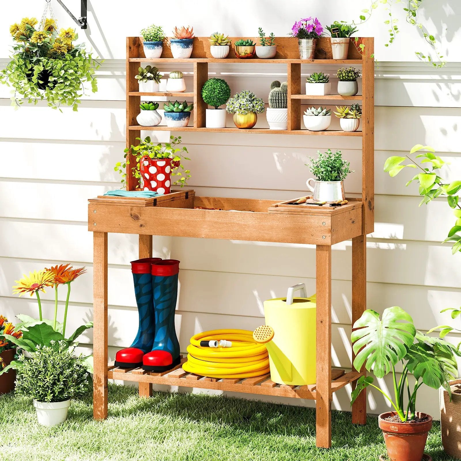 Wooden Potting Bench Table Garden Planting Workstation with 3-Tier Open Shelf by DirectDeals