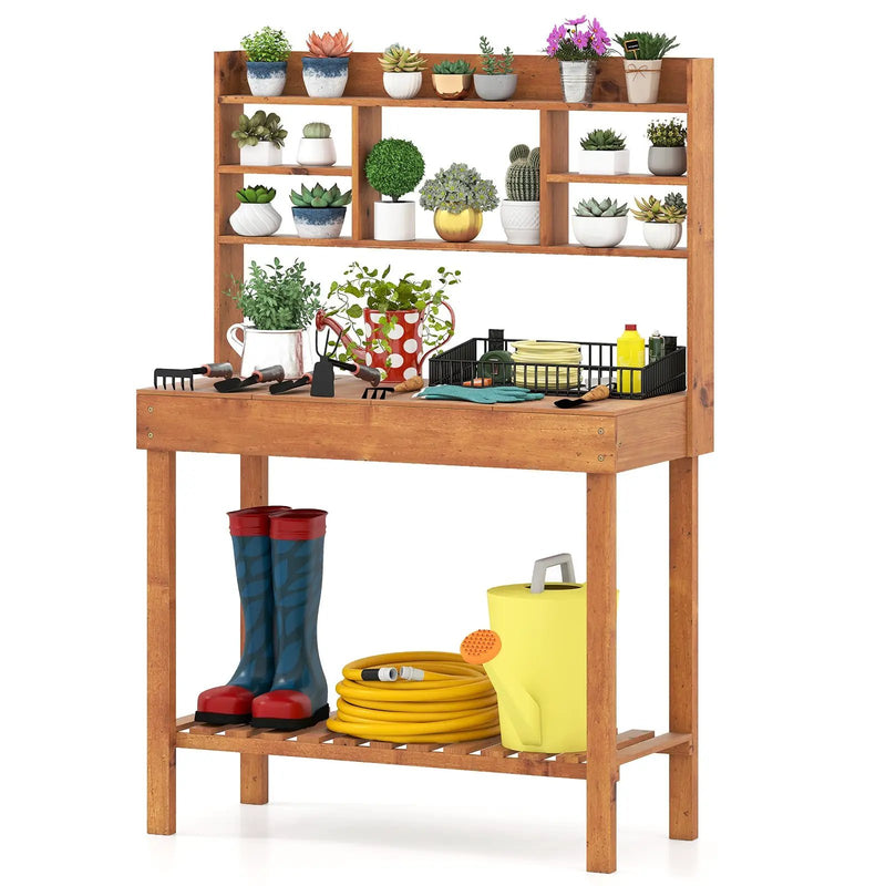 Wooden Potting Bench Table Garden Planting Workstation with 3-Tier Open Shelf by DirectDeals