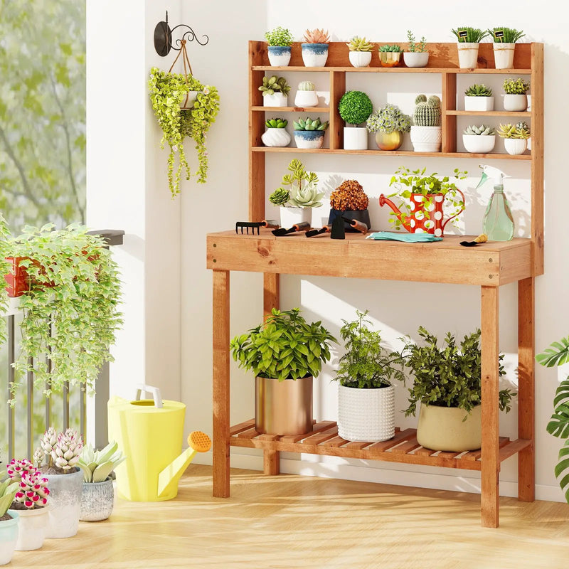 Wooden Potting Bench Table Garden Planting Workstation with 3-Tier Open Shelf by DirectDeals