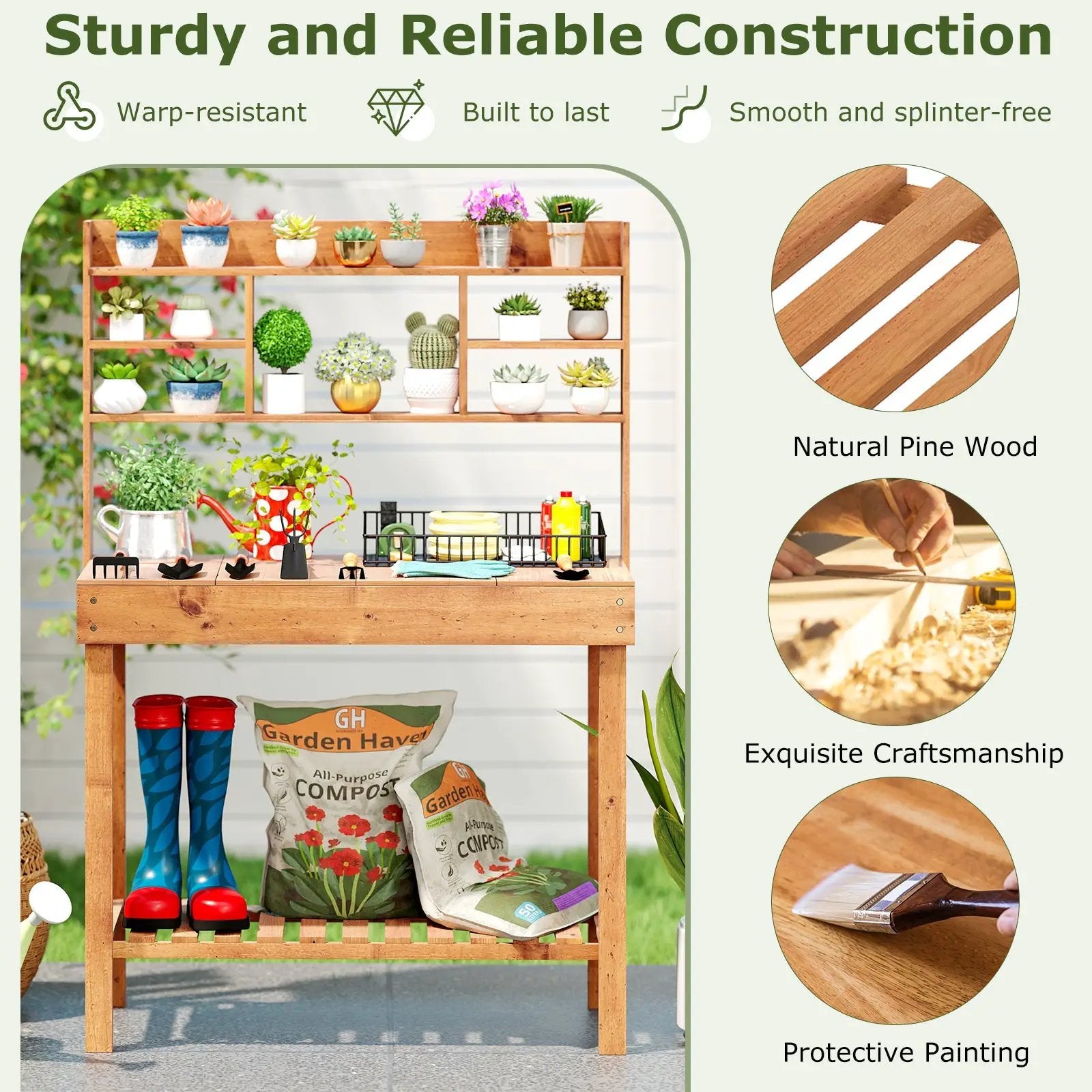 Wooden Potting Bench Table Garden Planting Workstation with 3-Tier Open Shelf by DirectDeals