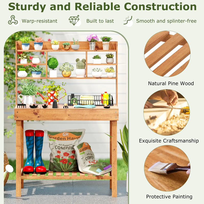 Wooden Potting Bench Table Garden Planting Workstation with 3-Tier Open Shelf by DirectDeals