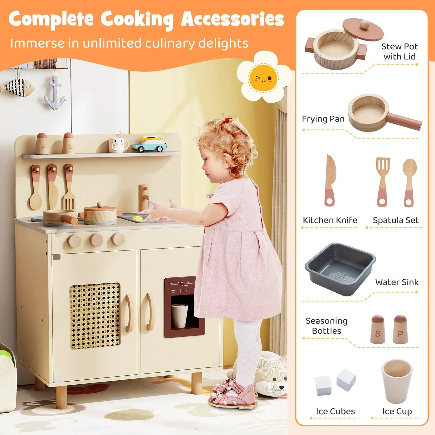 Wooden Pretend Kitchen Playset with Realistic Ice Maker by DirectDeals