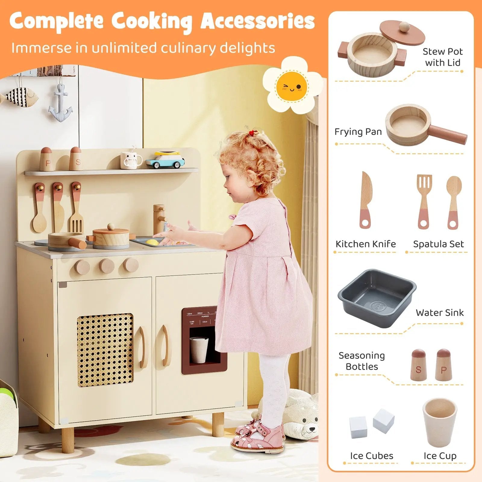 Wooden Pretend Kitchen Playset with Realistic Ice Maker by DirectDeals