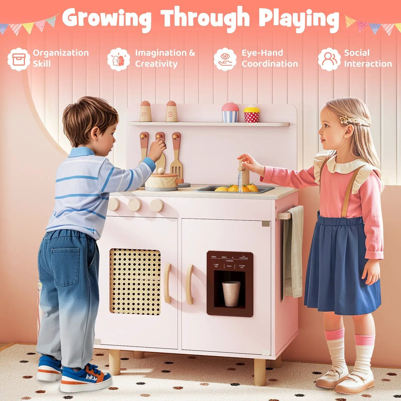 Wooden Pretend Kitchen Playset with Realistic Ice Maker by DirectDeals