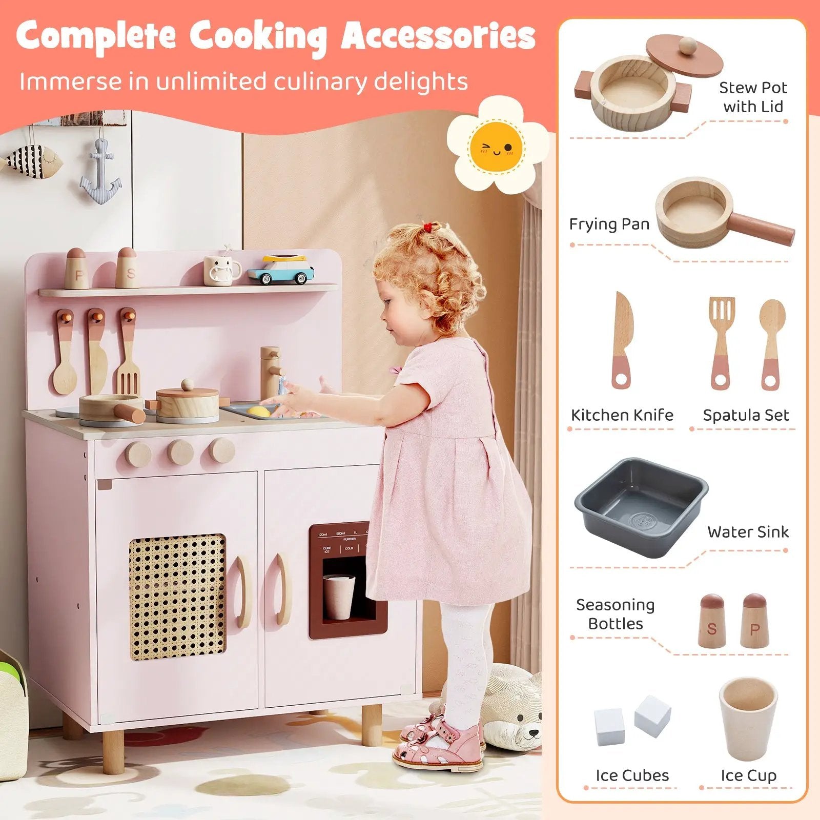 Wooden Pretend Kitchen Playset with Realistic Ice Maker by DirectDeals