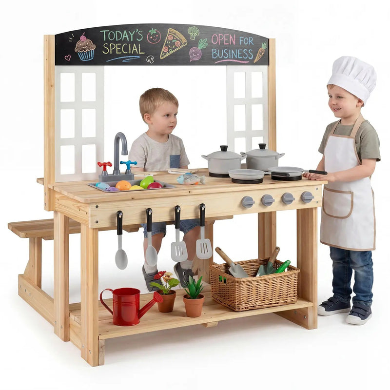 Wooden Play Kitchen with Bench and Cooking Accessories by DirectDeals