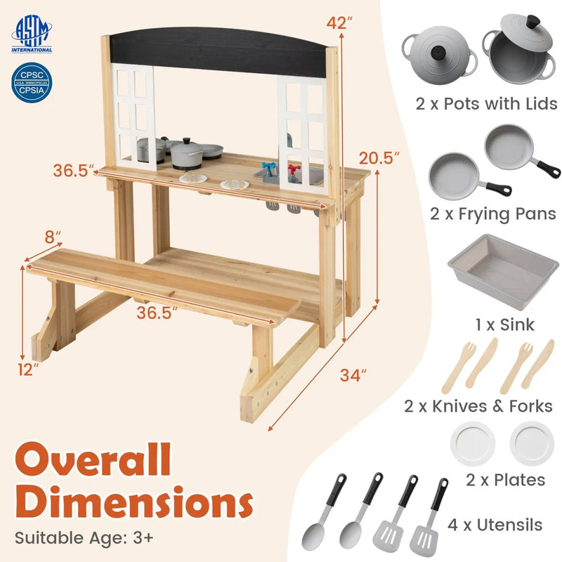 Wooden Play Kitchen with Bench and Cooking Accessories by DirectDeals