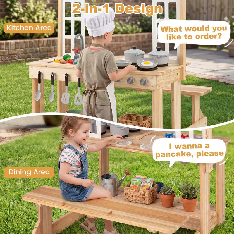 Wooden Play Kitchen with Bench and Cooking Accessories by DirectDeals