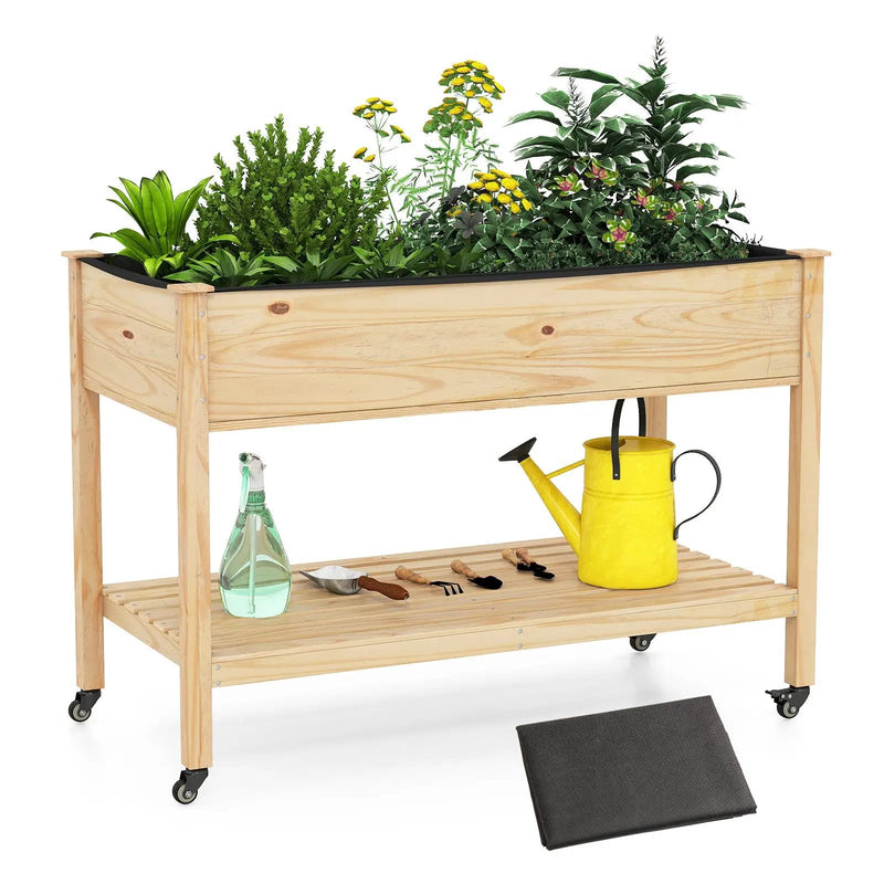 Wooden Raised Garden Bed with Legs and Lockable Wheels-Natural by DirectDeals
