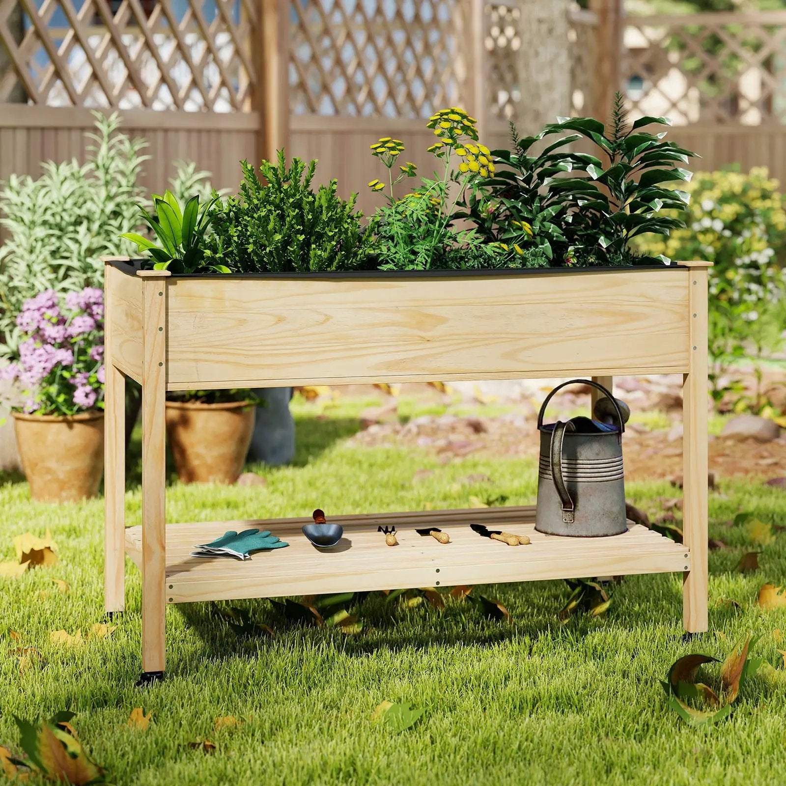 Wooden Raised Garden Bed with Legs and Lockable Wheels-Natural by DirectDeals