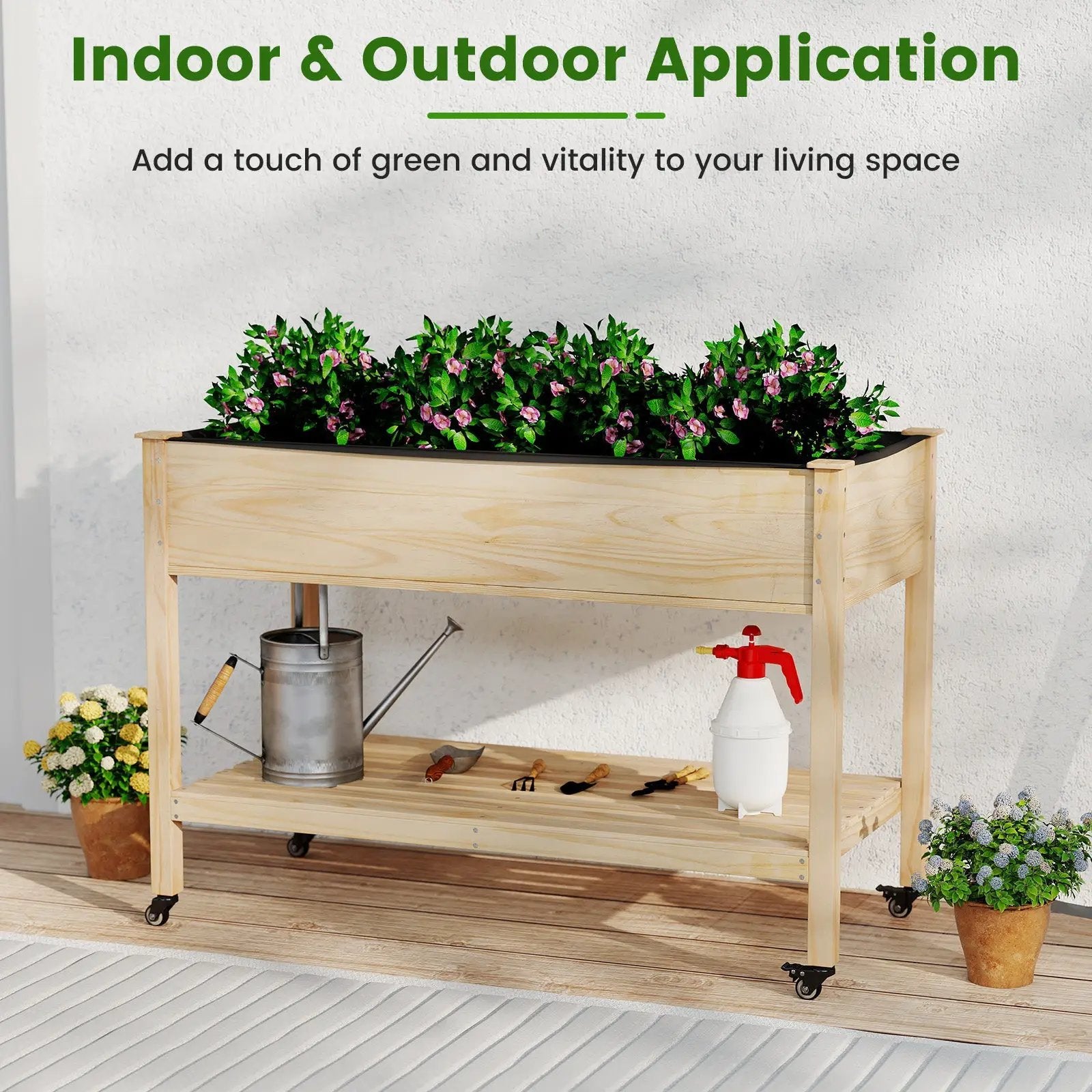 Wooden Raised Garden Bed with Legs and Lockable Wheels-Natural by DirectDeals