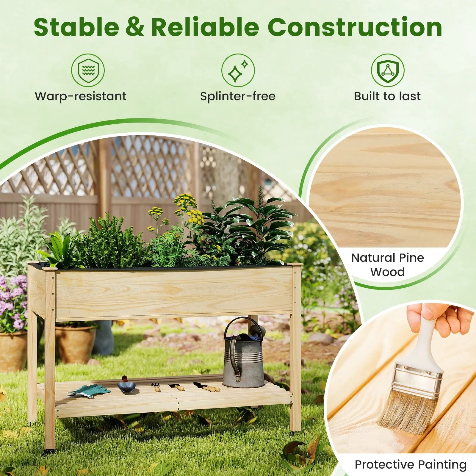 Wooden Raised Garden Bed with Legs and Lockable Wheels-Natural by DirectDeals