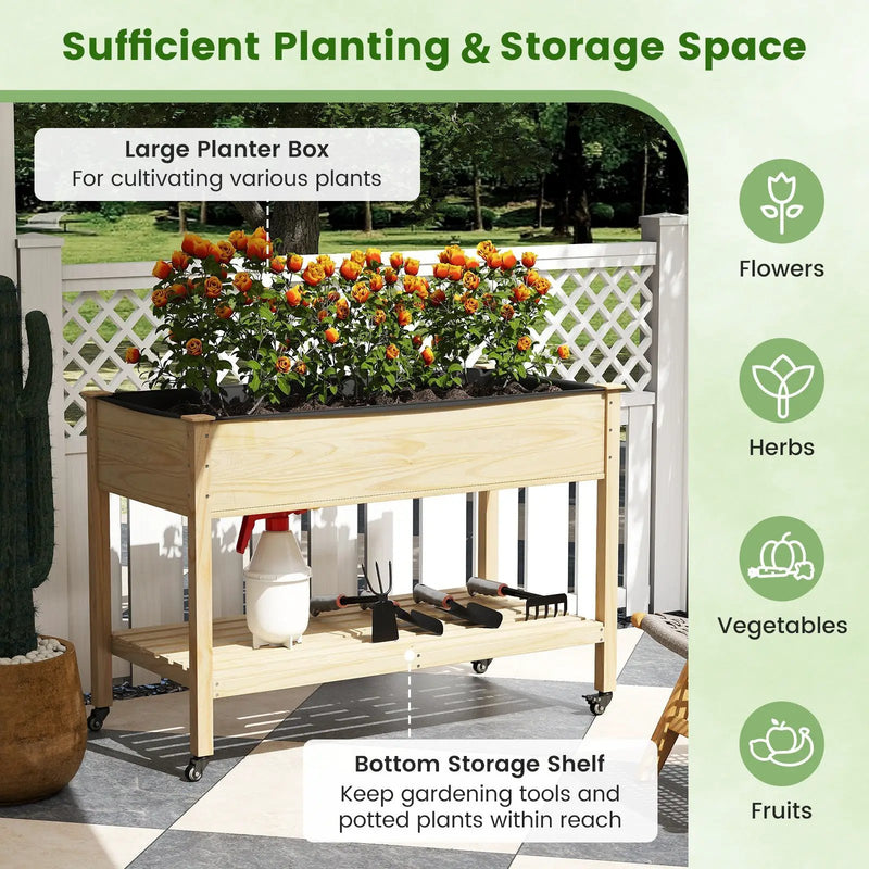 Wooden Raised Garden Bed with Legs and Lockable Wheels-Natural by DirectDeals