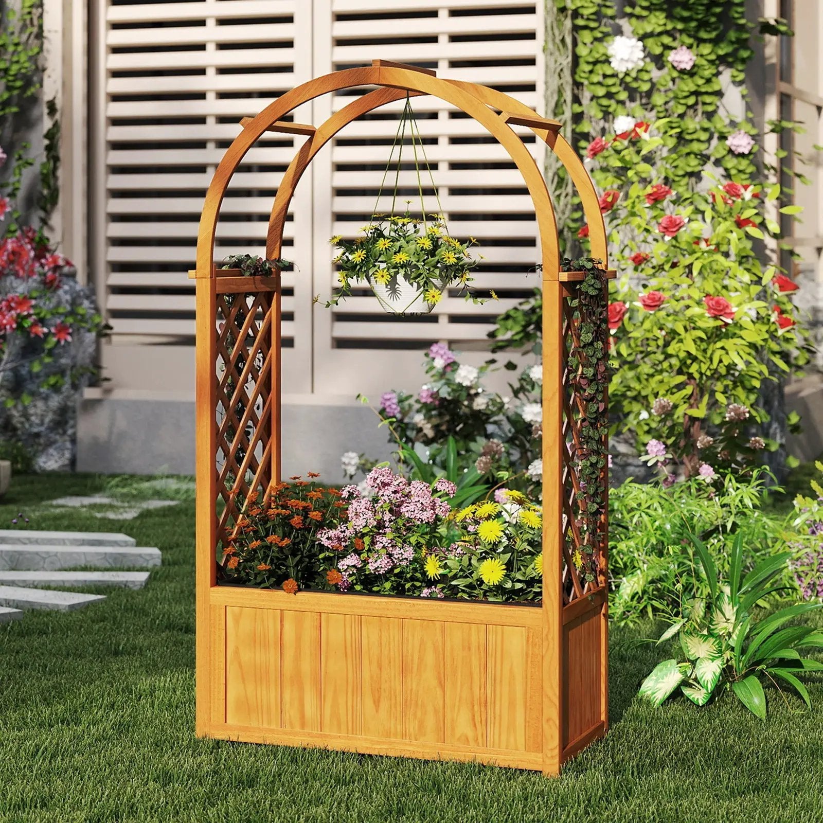 Wooden Raised Garden Bed with Lattice Trellis and Arched Roof-Orange by DirectDeals