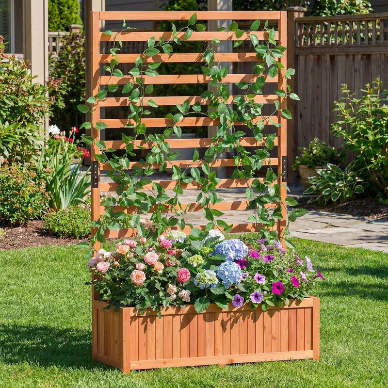 Wooden Raised Garden Bed 59 Inch Tall Elevated Planter Box with Vertical Trellis-Orange by DirectDeals
